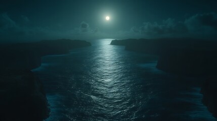 Obraz premium Moonlit Ocean Passage Between Dark Cliffs At Night
