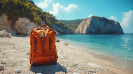 Orange Backpack on Rocky Beach by Turquoise Ocean