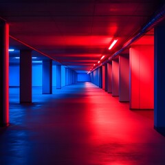 Fototapeta premium Striking Symmetrical Hallway in Vibrant Red and Blue Lighting