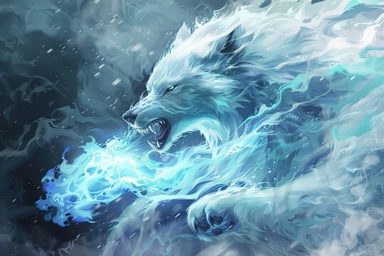 Majestic glowing wolf emitting spectral energy in a dynamic artistic illustration