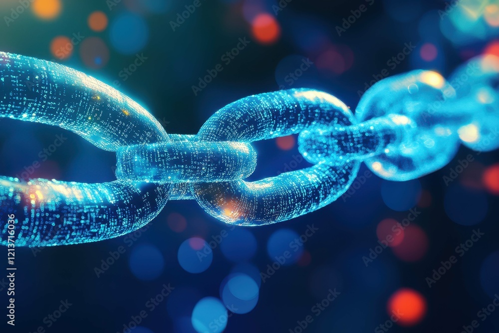 Poster digital representation of interconnected chains illustrating blockchain technology and data security
