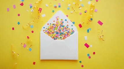 Festive confetti spills from envelope on yellow