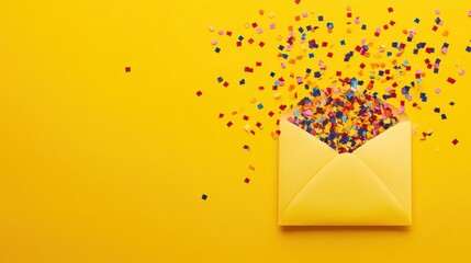 Yellow envelope overflowing confetti, yellow background, celebration, invitation