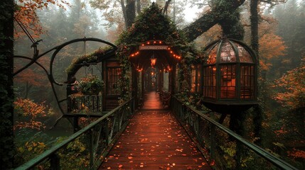 Fototapeta premium Wooden suspension bridge decorated with warm lights leads through a misty autumn forest at dusk.