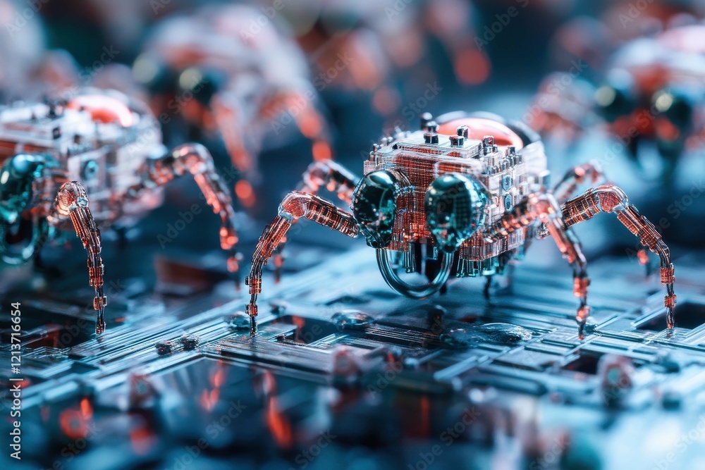 Poster intricate robotic spiders navigate a circuit board in a futuristic setting showcasing advanced techn