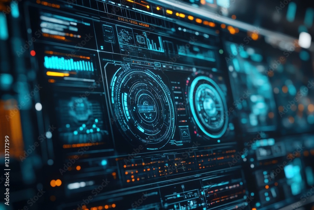 Poster futuristic digital display showing complex data analytics with vibrant blue and orange hues in a hig