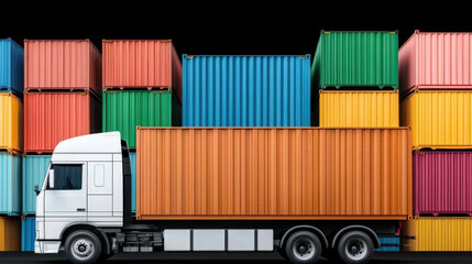 Modern truck transporting colorful shipping containers in warehouse. vibrant colors of containers create striking visual against dark background, showcasing logistics and transportation