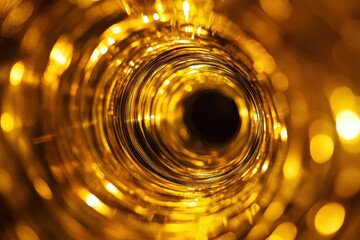 Light reflects through a swirling glass tube creating golden patterns in a mesmerizing display