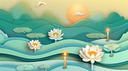 Serene Abstract Illustration of Lotus Flowers Amidst Calm Waters