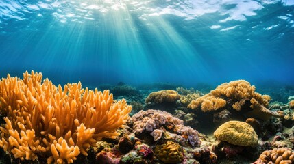 Obraz premium Vibrant Coral Reef with Sun Rays Underwater