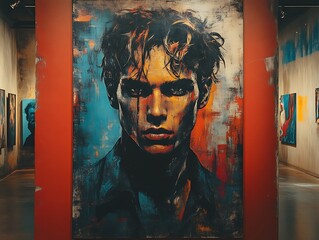 Gallery showcasing large abstract portrait painting of a young man.