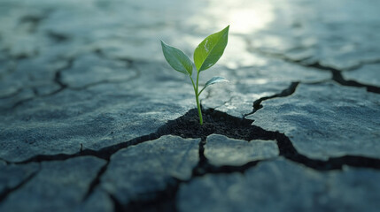 single plant sprouts from cracked earth, symbolizing resilience and hope in harsh conditions. This captures beauty of nature persistence