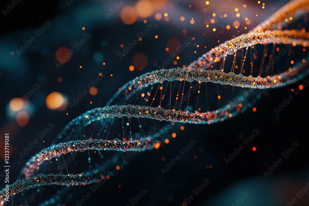 Poster dynamic representation of dna strands with glowing elements in a dark background emphasizing molecul