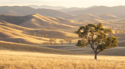 Obraz premium Golden Sunrise Over Rolling Hills with a Lone Tree in Focus, Evoking Tranquility and Harmony with Nature