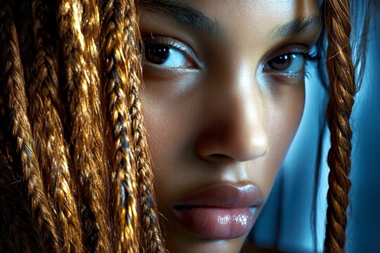 Attractive calm mixed-race girl - for ads, brochure and digital marketing networks use. Commercial digital ads conceptual art. Long haircut - braids hair. African american trends.