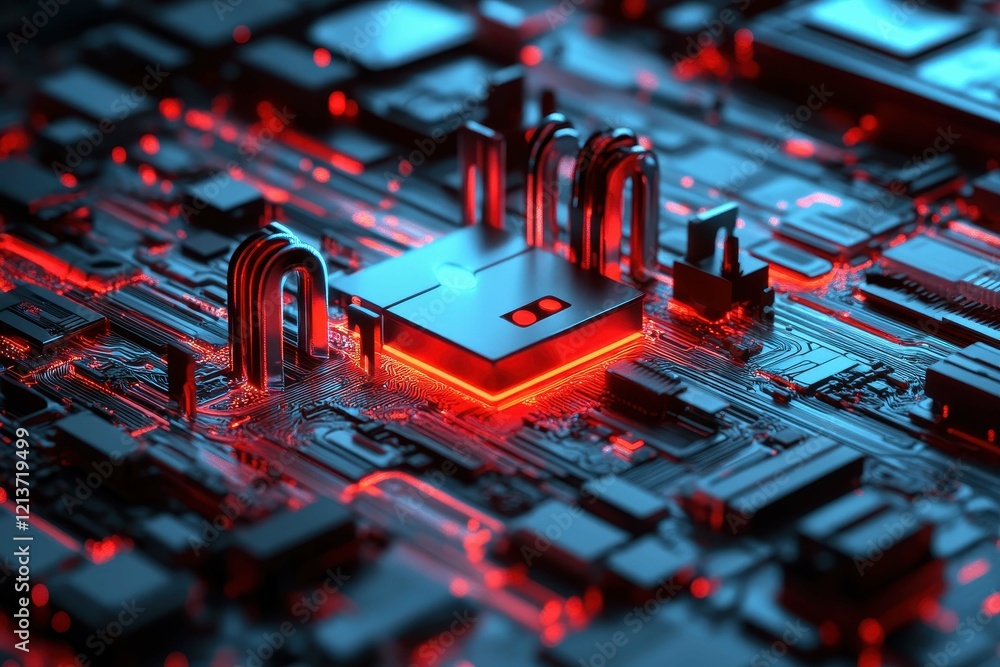 Aufkleber detailed close-up of a futuristic microchip illuminated with vibrant red lights in a technology sett
