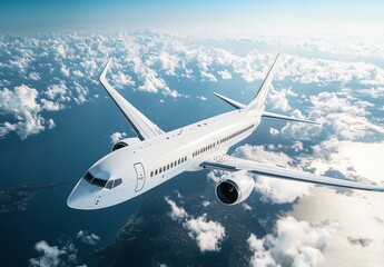Fototapeta premium Aerial View of a Sleek White Airplane Flying Above the Clouds Over a Beautiful Ocean and Coastline, Captured in Bright Daylight for Travel and Aviation Themes
