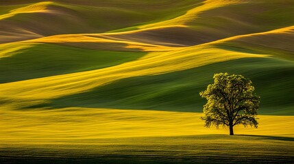 Golden Sunrise Over Rolling Hills with a Lone Tree in Focus, Evoking Tranquility and Harmony with Nature
