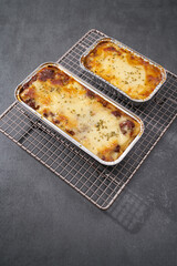 Beef Lasagna on gray surface 