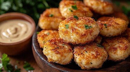 Fototapeta premium a plate of golden-brown Oven Baked Chicken Nuggets with dipping sauce look yummy 
