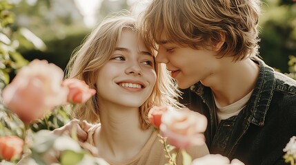 Fototapeta premium young couple is in a charming park, surrounded by blooming flowers