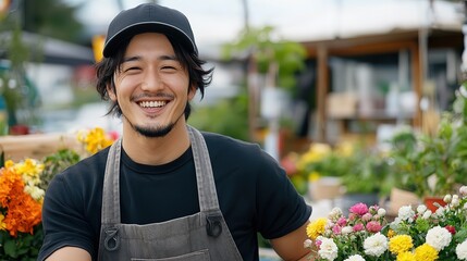 happy young Japanese man florist smiling surround with a bunch of flowers at flower shop