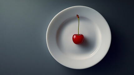 Red cherry sits on a minimalistic white plate against a dark background