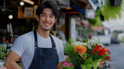 happy young Japanese man florist smiling surround with a bunch of flowers at flower shop