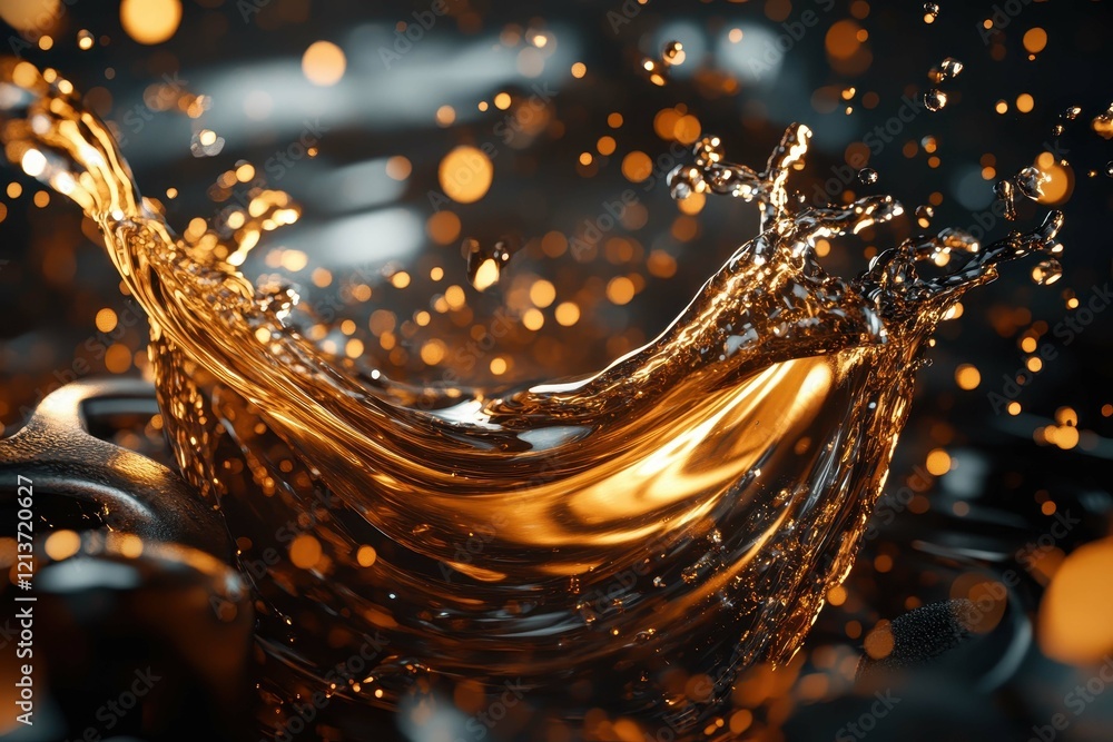 Poster dynamic splash of golden liquid creating ripples and droplets in a dark, reflective environment