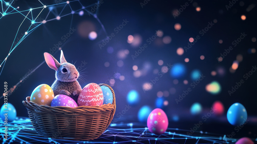 Wall mural Colorful Easter eggs in basket with rabbit, creating festive atmosphere. vibrant colors and soft lighting evoke joy and celebration during holiday season