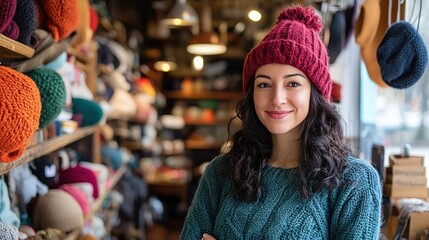 Obraz premium Caucasian woman wearing knitted hat at retro knitted hat shop