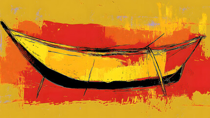 5. A dynamic composition featuring long-tail boats abstractly deconstructed into angular lines and vivid splashes of tropical colors, set against a glowing sunset-inspired background 