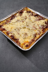 Beef Lasagna on gray surface 
