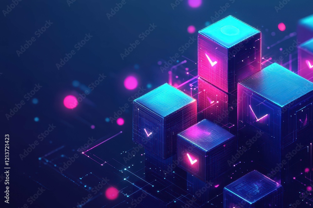 Poster digital blocks in vibrant colors representing data and technology advancements in a futuristic setti