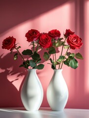 Fototapeta premium Two white vases with red roses