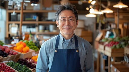 Obraz premium An elderly Japanese man owner of vitnage grocery shop smiling at his shop, SME business concept 