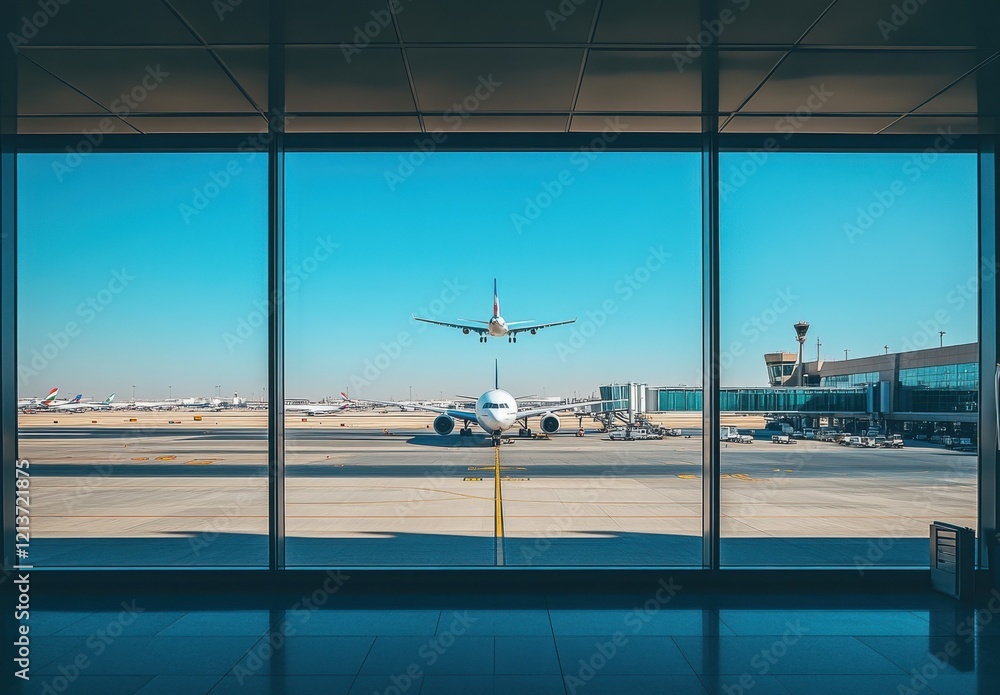 Poster airplane landing at airport through terminal window on a clear day with multiple aircraft and contro