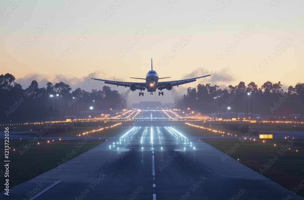 Poster airplane landing at dawn on illuminated runway with surrounding fog and soft sunrise glow, capturing