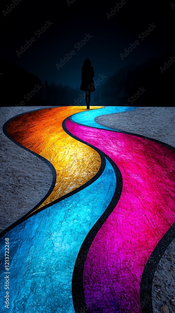 Poster zero discrimination day, silhouette of a person standing at the intersection of colorful paths in a 