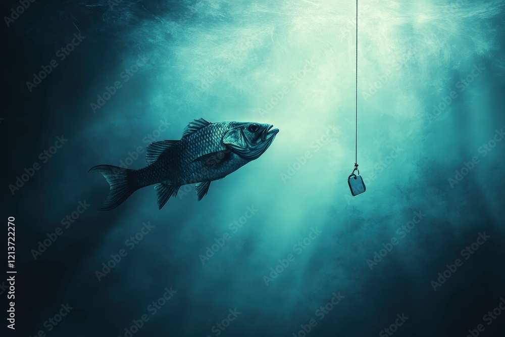 Poster fish exploring the depths while drawn to a mysterious object suspended in water