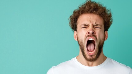 Angry man yelling, teal background, studio shot, emotion expression