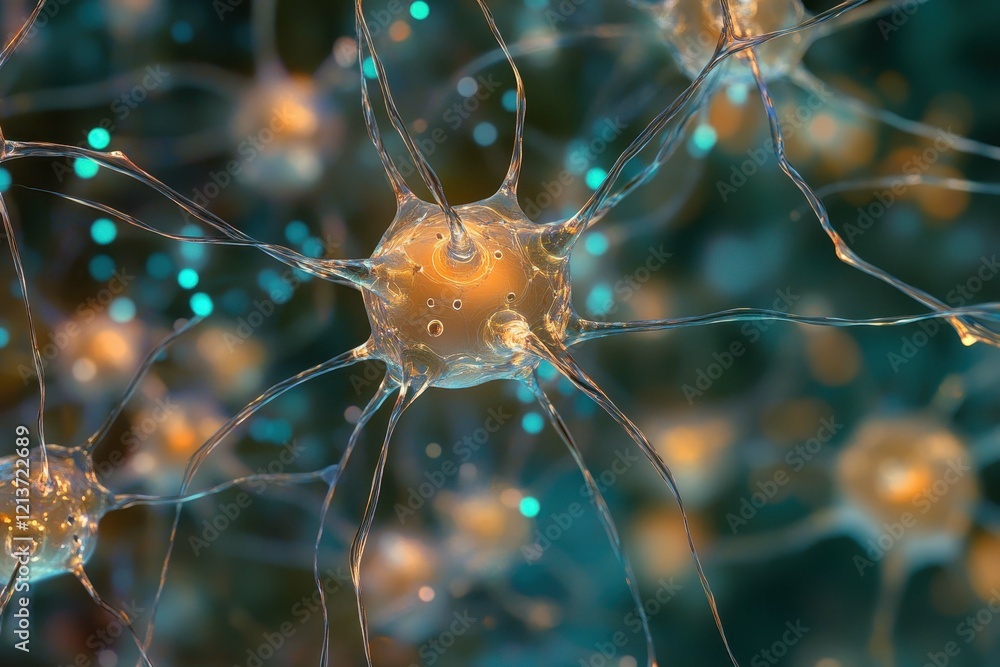 Poster glowing neurons interconnected with synaptic networks in a vibrant artistic representation of brain 
