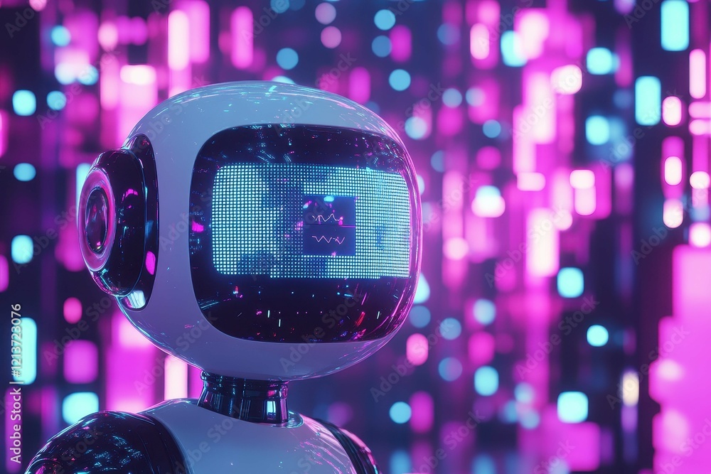 Poster futuristic robot with glowing digital display in vibrant neon environment
