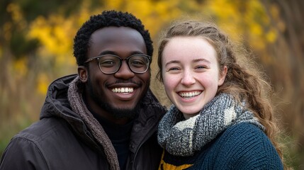 Fototapeta premium black and white couple young woman and man smiling standing together with joy and fun at green park