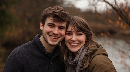 Obraz premium Caucasian couple young woman and man smiling standing together with joy and fun at autumn park