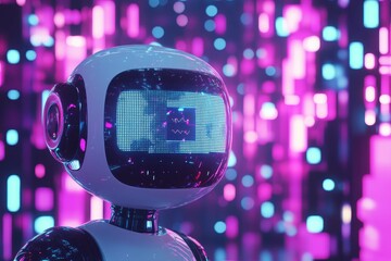 Futuristic robot with glowing digital display in vibrant neon environment