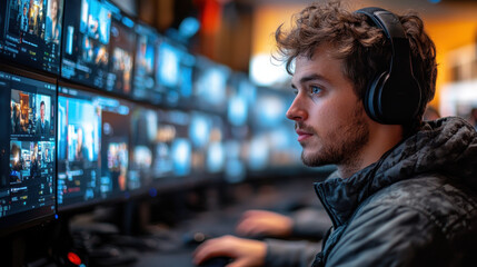 Focused young man wearing headphones, engaged in virtual training on multiple screens, showcasing modern tech environment