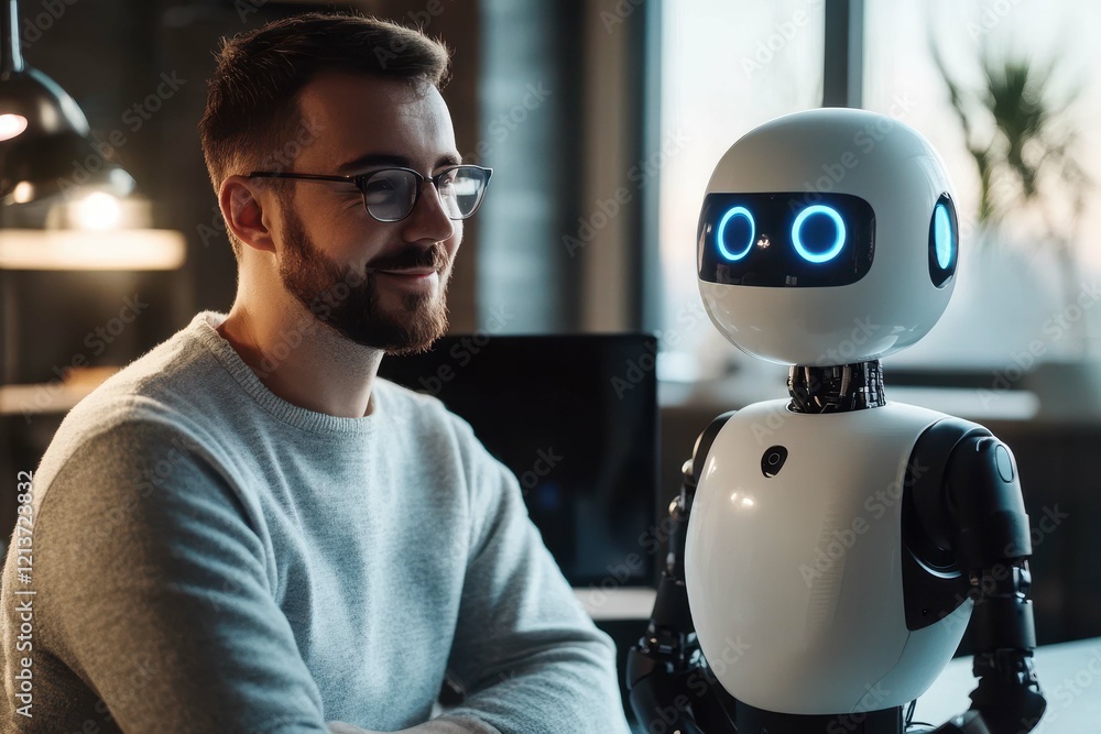 Aufkleber man interacts with a humanoid robot in a modern workspace during daylight hours