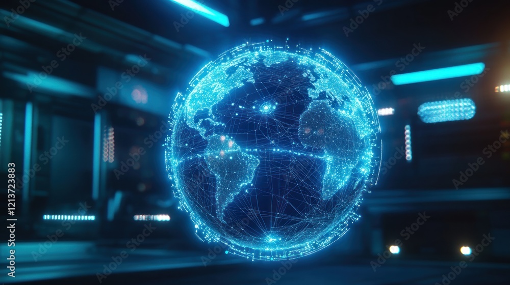 Poster global network connection in futuristic server room