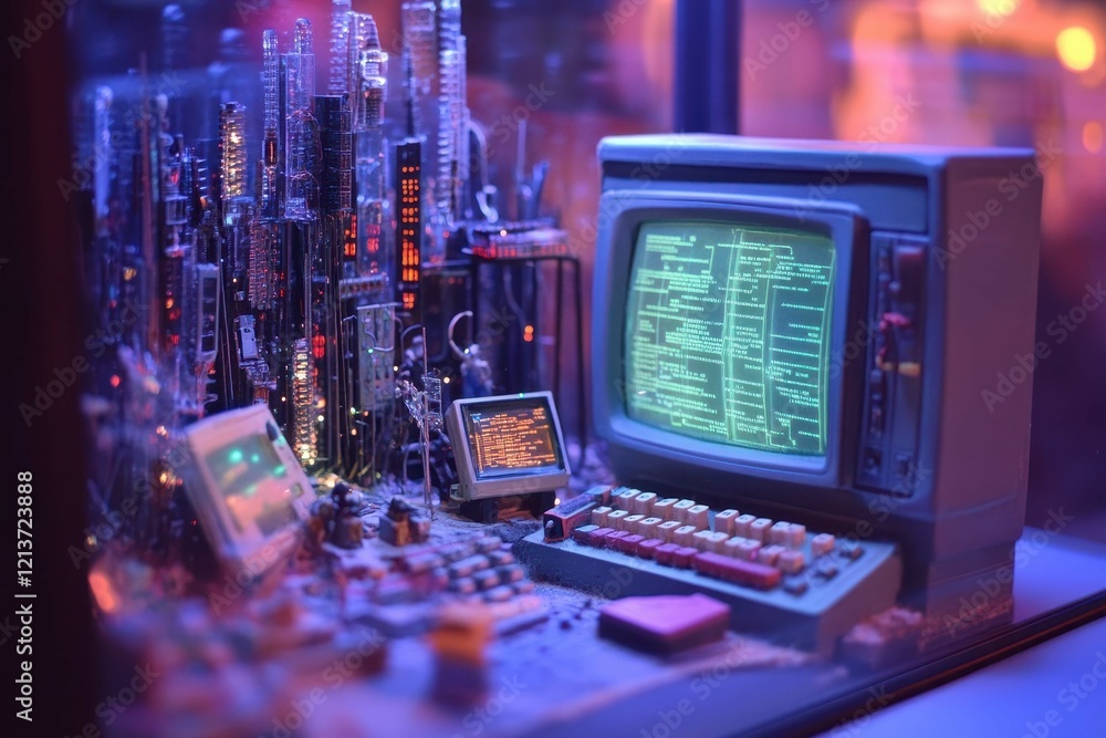 Poster miniature futuristic cityscape with vintage computer setup illuminated in dim light